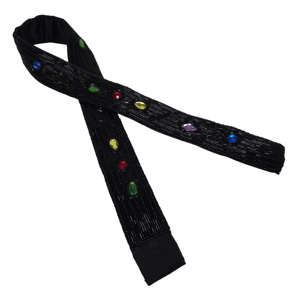 Michelle Stuart Vintage Black Beaded Embellished Gemstone Belt ML Golden Girls‎